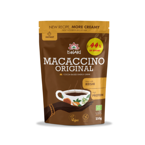 Macaccino original je ukusan energetski napitak koji kombinira sve prednosti prirodne mace i reishi gljiva s bogatim okusom kakaa i savršeno balansiranom slatkoćom lucume.