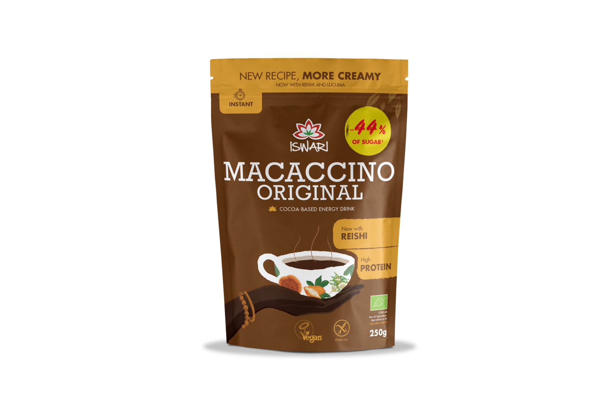 Macaccino original je ukusan energetski napitak koji kombinira sve prednosti prirodne mace i reishi gljiva s bogatim okusom kakaa i savršeno balansiranom slatkoćom lucume.
