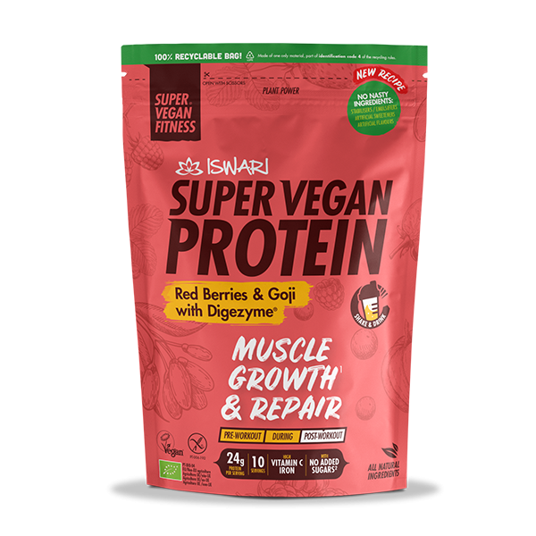 Mješavina biljnih proteina, BCAA, goji sjemenki i probavnih enzima, 100% biljnog porijekla. Jedna doza sadrži  24g proteina. Super Vegan Protein Goji, Digezyme i crvene bobice posebno je osmišljen je za maksimiziranje vaših rezultata nakon vježbanja, pomažući u povećanju mišićne mase i potpomažući brzi oporavak.